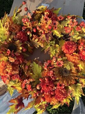 Autumn Harvest Orange Fall Wreath Balsam Hill Wreath Sunburst Mums Wreath